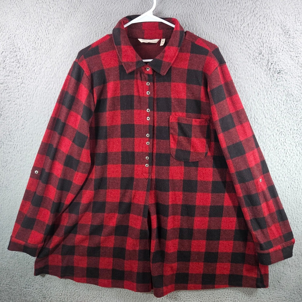 Soft Surroundings Red Black Buffalo Plaid Tunic Shirt 2X Roll Tab Sleeve‎